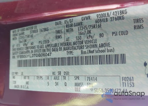 2007 Ford E-350 Super Duty Xl/Xlt from USA, damaged, VIN 1FBSS31L07DB06047